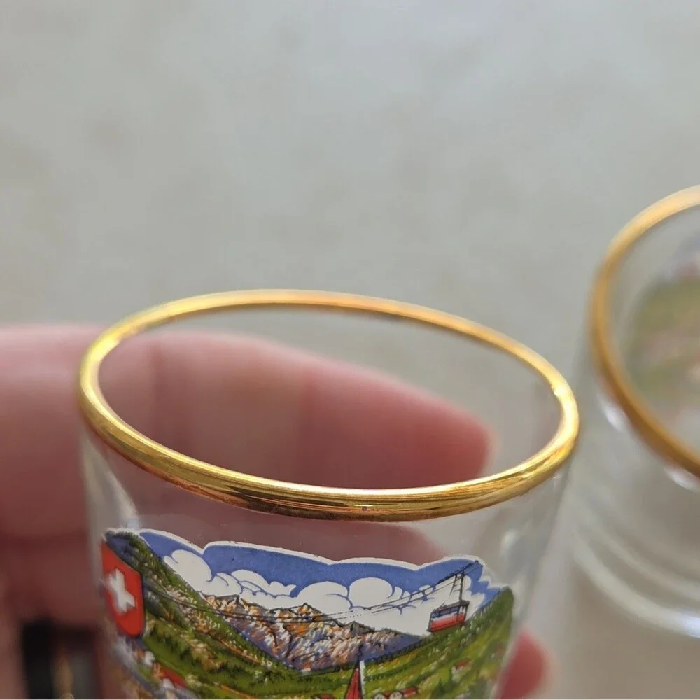 Set of 4 Glass Shot Glasses Clear Gold Rim Scenic Painted Travel Souvenir